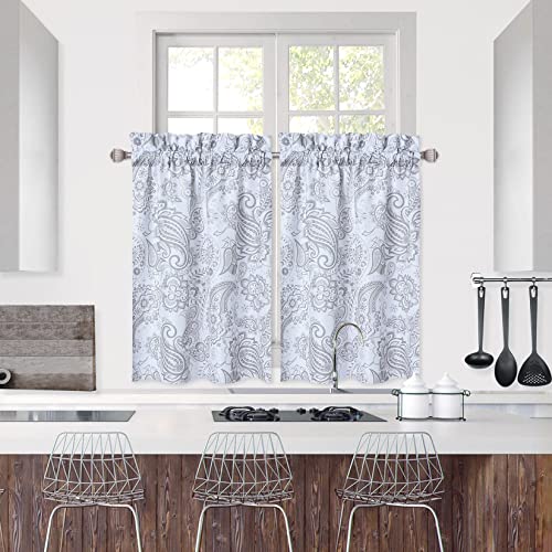Glowsol Small Kitchen Curtains 36 Inch Long, Floral Tier Curtains Farmhouse Kitchen Window Curtains Paisley Printed Window Treatment Sets, Grey, Set Of 2 #TOP2