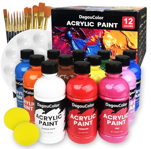 DagouColor 27 PCS Pintura Acrílica Set  12 Colores * 250ml Acrílico Pigmentos, 12 Pinceles, 1 Paleta, 2 Esponjas, Suministros de Arte de Calidad, Regalos Para Artistas Principiantes en Lienzo, Rocas