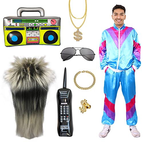 Partymall 80er Jahre Outfit Herren Damen, Kostüm Trainingsanzug Jacke Hose, 80er Jahre Kostüm mit Stirnband Armbänder Brille Paare, Retro Anzug Style Jogginganzug para Karneval (Blau, XL)