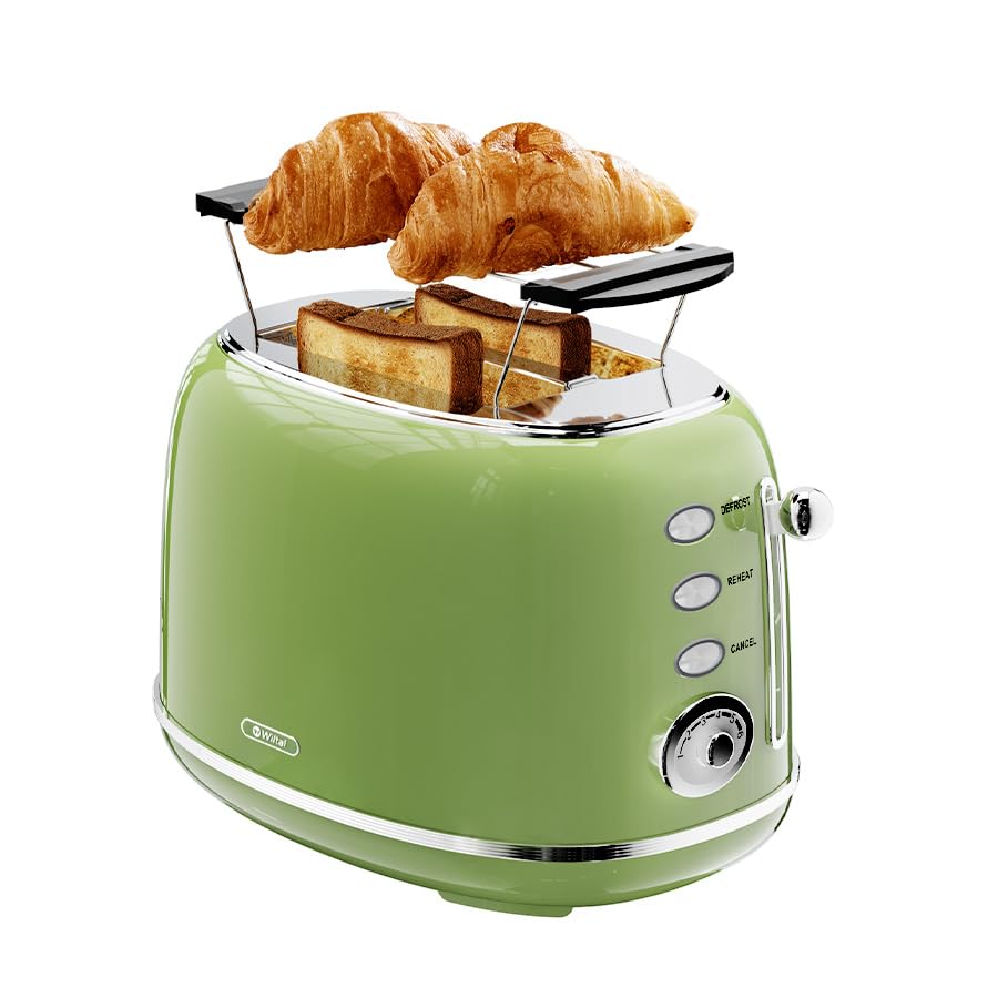 Wiltal Broodrooster 2 sneden, broodrooster retro, met opzetstuk voor brood, met deksel van roestvrij staal, voorverwarming (Groen
