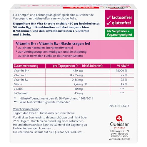 Doppelherz B12 Vita-Energie - Vegan und hochdosiert mit 450 µg Vitamin B12 pro Trinkfläschchen - 30 Trinkfläschchen mit Himbeer-Geschmack