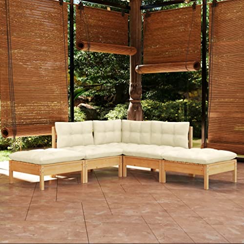 Mokuyary Salon de jardin 5 pièces avec coussin crème, bois de pin, ensemble de salon de jardin, ensemble de balcon extérieur, mobilier de terrasse, salon de...