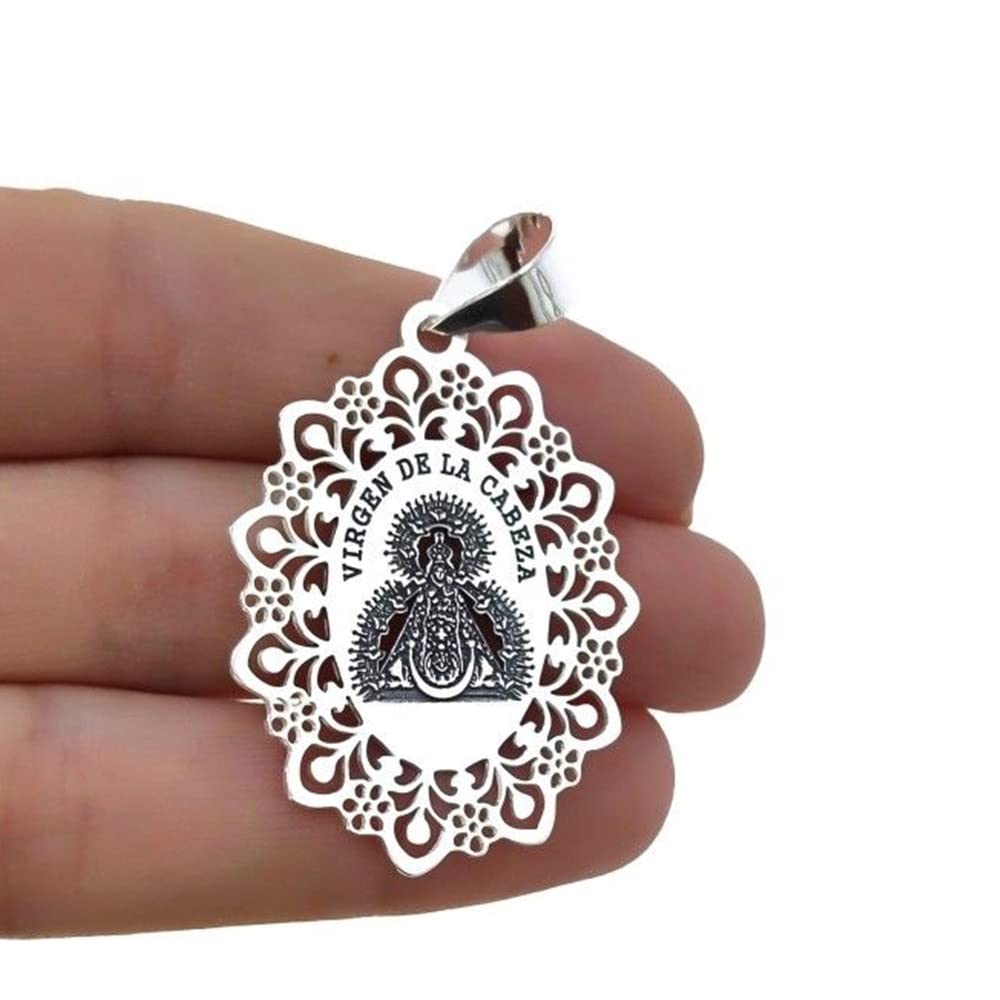 Virgen de la Cabeza medalla Plata Ley 925m unisex 37mm. cerco detalles calados