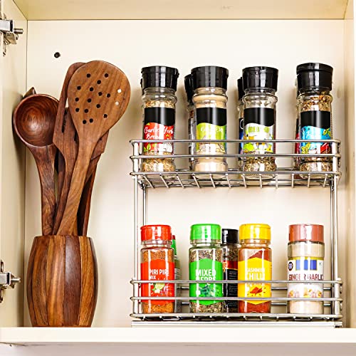 BELLE VOUS Pull Out 2-Tier Spice Rack Organiser - W12 x D26 x H23.8cm / 4.72 x 10.24 x 9.37 Inches Sliding Storage Unit - Heavy-Duty Slide Out Seasoning Rack for Kitchen Cabinet - Image 6