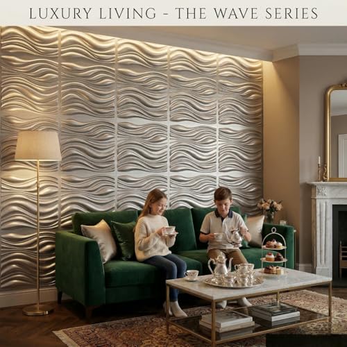 Image of Kayra Decor Luxury 3D PVC Wall Panels - Wave Pattern, Silver Finish | 19.7 inch x 19.7 inch | Pack of 12 | Covers 32.28 Sq. Ft. | Stylish Wall Cladding for Home & Office Interiors