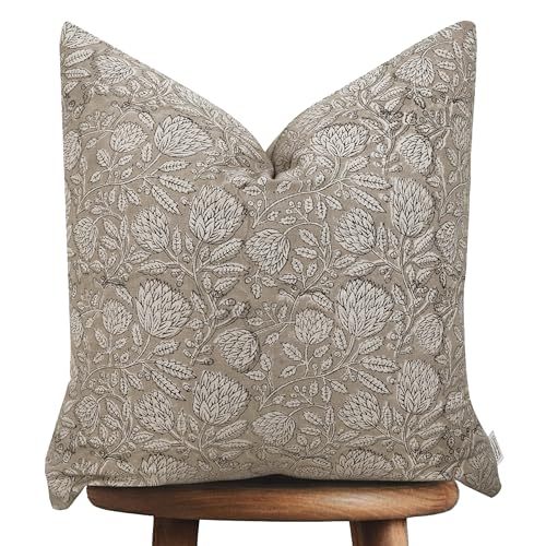 Handmade Block Print 100% Thick Cotton 20 x 20 inch Throw Pillow Cushion Cover with Zipper - Pillowcase for Bedroom, livingroom, Couch, Sofa, Outdoor, Chair, Bed, Home Décor-Margot (Muslin Beige 1)