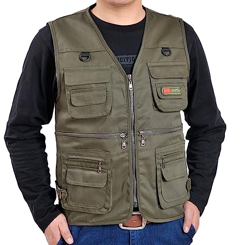 WSLCN Colete masculino com vários bolsos, casual, para trabalho ao ar livre, pesca, safári, zíper, Verde, G