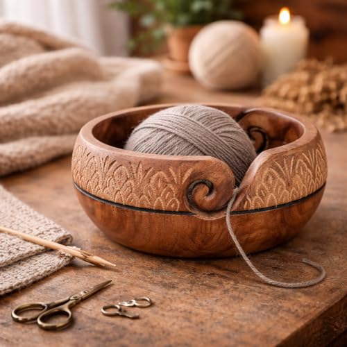 Image of Mothers Day Gifts Wooden Yarn Bowl Knitting Bowl Large Crochet Yarn Holder YB02 Handmade Crocheting Accessories and Supplies Organizer 7 x 3 (Design 5)