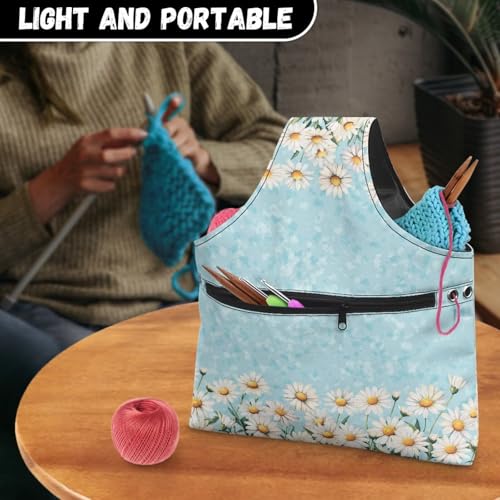 Image of KUIFORTI Daisy Knitting Yarn Bag Floral Crochet Storage Bags with Zipper Pocket Knitting Hook Storage for Travel Park, L Size