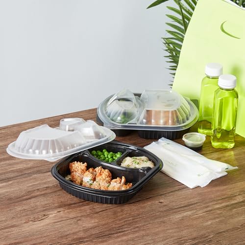 Image of Restaurantware-RW Base 27 Ounce Meal Prep Containers, 100 Microwavable To Go Containers With Lids - 3 Compartments, Disposable, Black Plastic Oval Food Containers, For Hot And Cold Food, Freezable