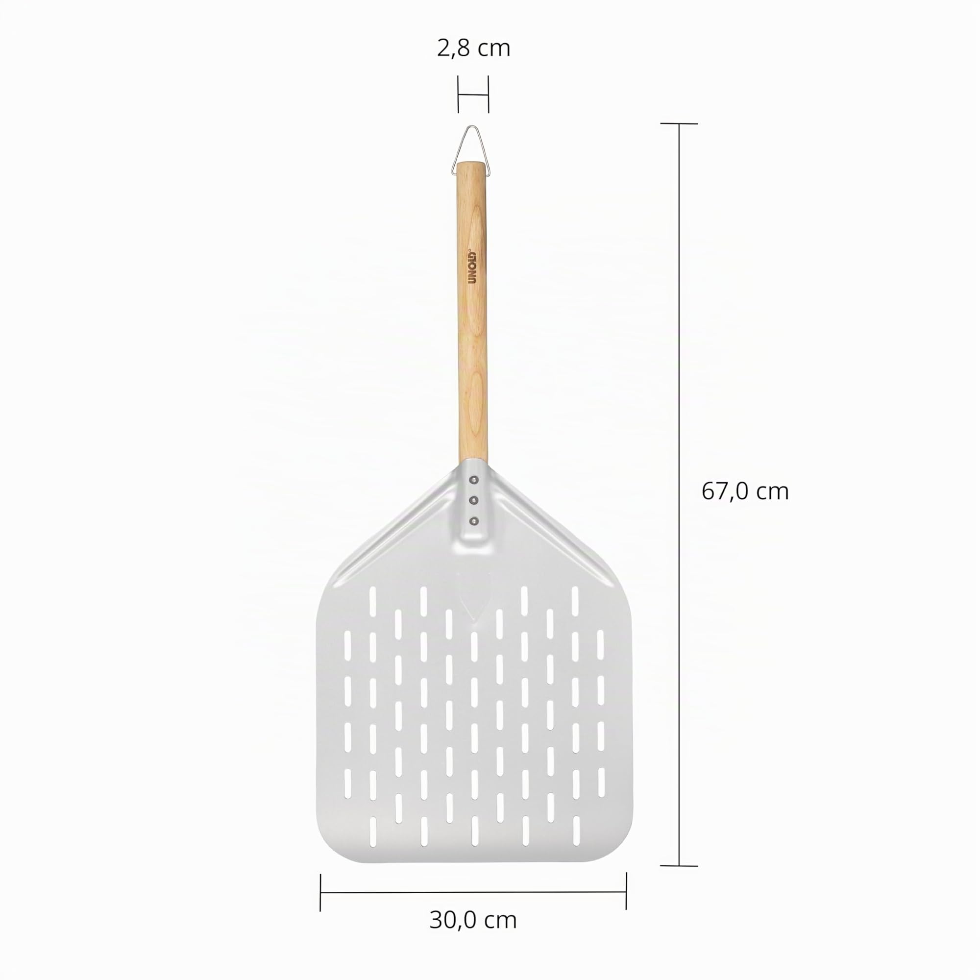 Unold Pizzaschieber - Perforierte Aluminium-Schaufel mit Buchenholz-Griff | Profi-Pizzaschaufel für knusprigen Boden & einfaches Handling - Grifflänge 35cm, Schaufelgröße 40 x 30cm