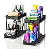 2 Pack Under Sink Organizers and Storage, 2-Tier Sliding Cabinet Basket Organizer with Hooks, Multi-Purpose Under Sink Organizers and Storage for Bathroom Kitchen