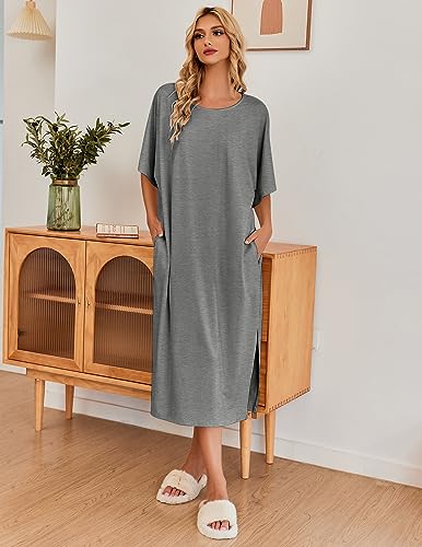 Image of Ekouaer Women's Nightgown Short Sleeve Sleepshirt Long Loungewear Casual Maxi Lounge Dress House Dresses with Pockets