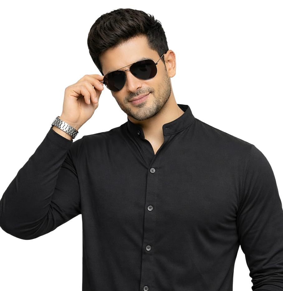 Image of Blisstone Men's Band Collar Shirt - Full Sleeve Slim Fit Casual Cotton Blend Mandarin Collar Button Down Shirt