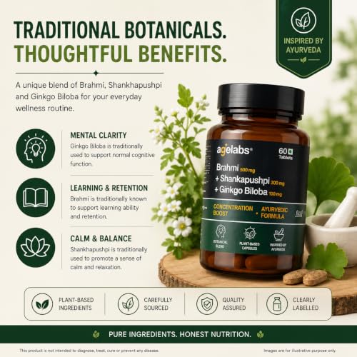 Image of Brahmi 500 mg + Shankhpushpi 300 mg + Ginkgo Biloba 100 mg | Supports Cognitive Health, Focus & Mental Clarity | 60 Vegetarian Tablets