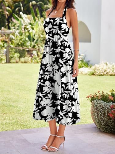 Image of YIOYOLA Women Sleeveless Halter Sleeveless Drop Waist Corset Midi Dress Swing Flowy Beach Sundresses with Pockets