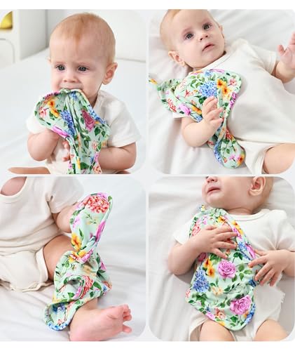 Image of Baby Lovey Security Blanket Set of 3, Bamboo-Derived Viscose, Super Soft and Breathable Baby Blanket with Attachable Loop, 9.5 inch*9.5 inch, Pastel Flutter /Leopard /Peony