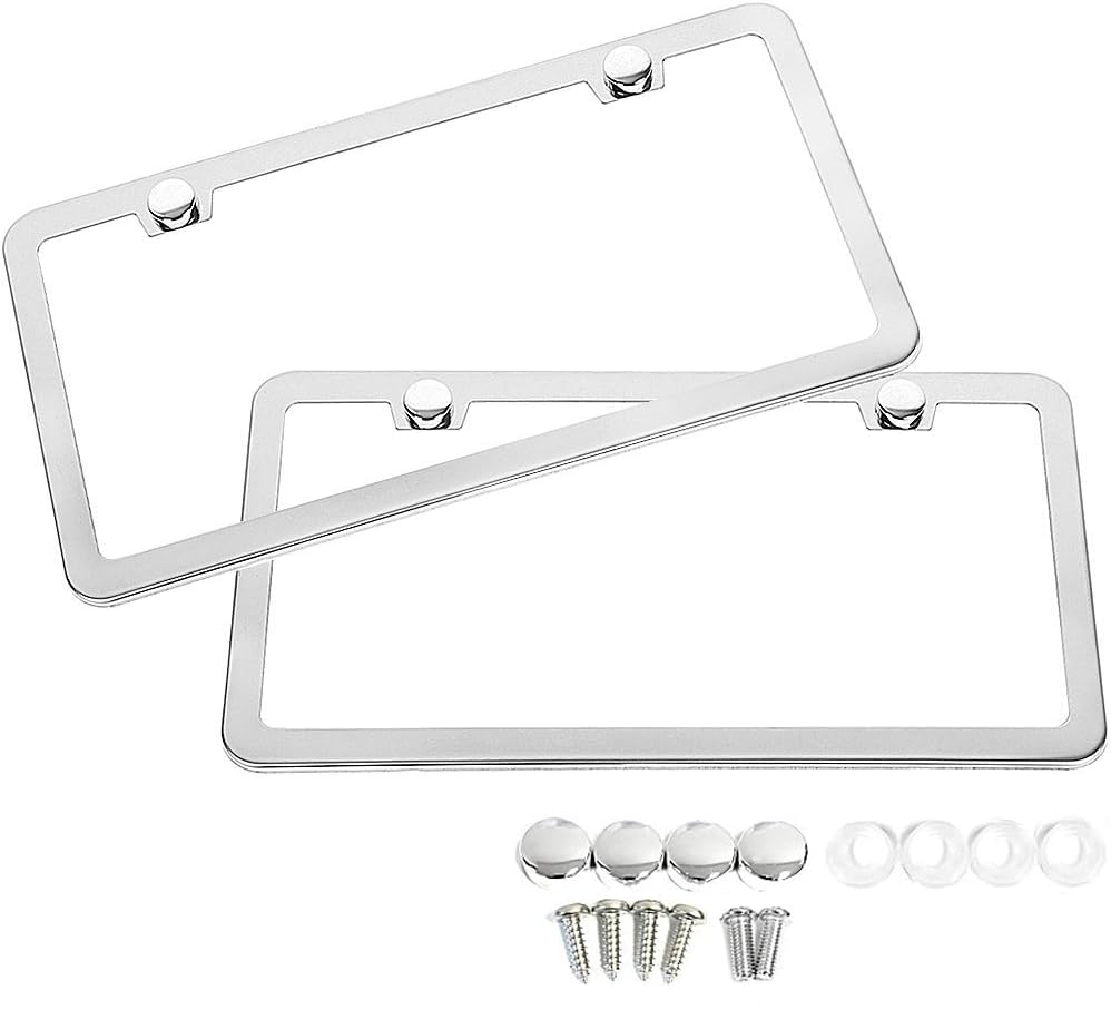 SunplusTrade 2 Stainless Steel Polish Mirror License Plate Frame + Chrome Screw Caps (Silver)