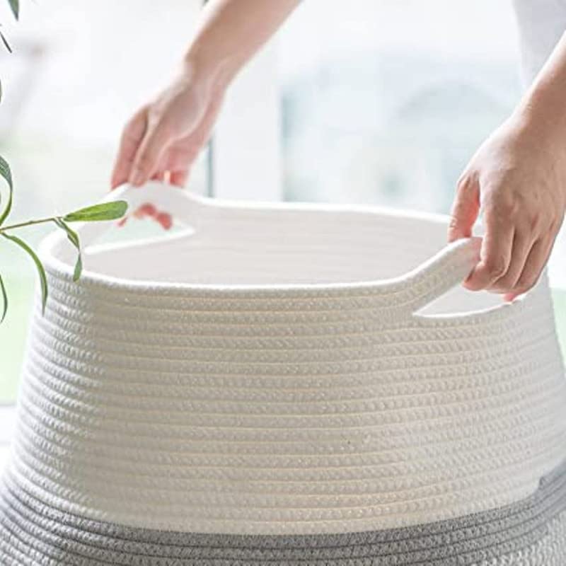 Image of GRATIFY Large Woven Rope Laundry Basket, 80 L Tall Dirty Clothes Hamper with Handles Storage Blankets, Toy for Bedroom, Living Room (Mix Grey White 1 Pcs)