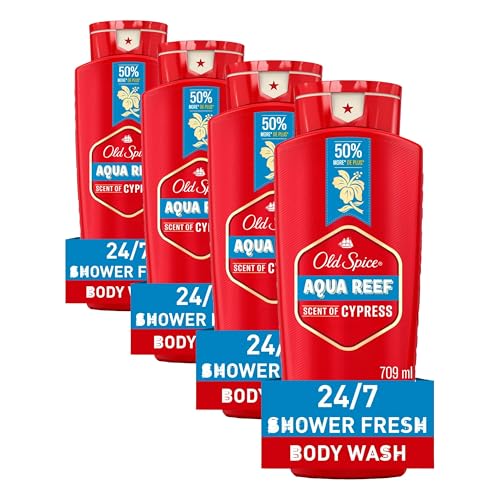 Image of Old Spice Refreshing Body Wash for Men, 3X Defense, 24 /7 Shower Fresh with Long Lasting Scent, Red Collection, Aqua Reef with Cypress Scent, 24 Ounce (Pack of 4)