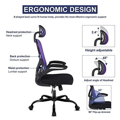 Misolant Ergonomic Chair, Office Desk Chair, Office Chair, Desk Chair With Headrest, Ergonomic Office Chair Adjustable Lumbar Support And Flip Up Armrest, Office Desk Chair Ergo Computer Chair Purple #TOP1