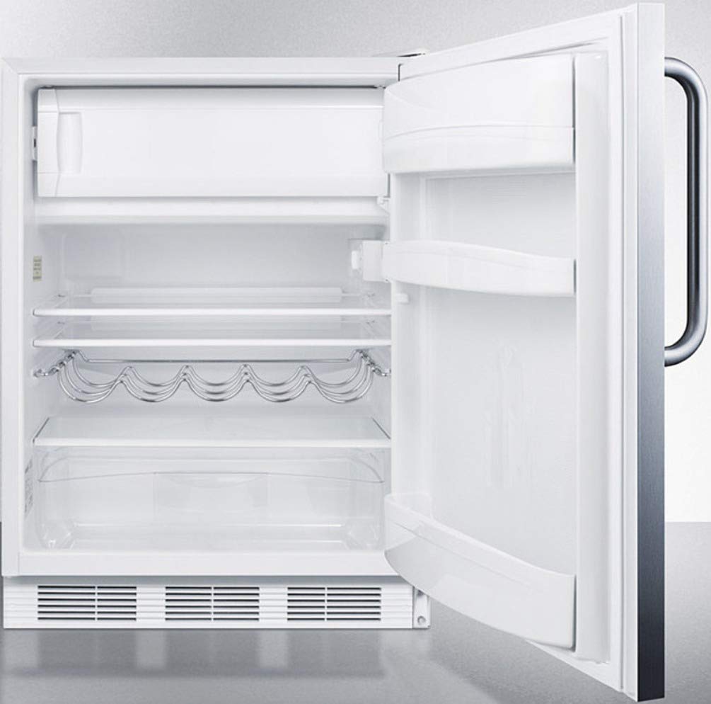 Summit Appliance CT661WSSTB 24" Wide Refrigerator-Freezer; 5.1 cu.ft.; Cycle Defrost; Clear Crisper; Stainless Steel Wrapped Door; Professional Towel Bar Handle and White Cabinet on Fridge.com