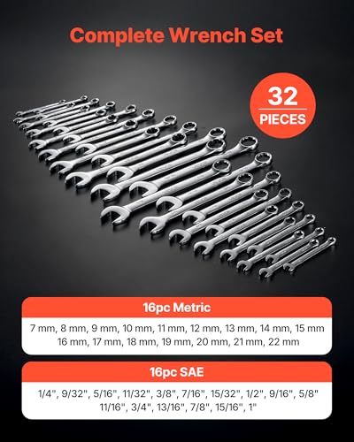 Image of VEVOR Combination Wrench Set, 32-Piece SAE and Metric, 12-Point Box End and 15 Angled Open End Combination Wrenches with Roll Up Pouch, Carbon Steel, for General Household and Automotive Repairs