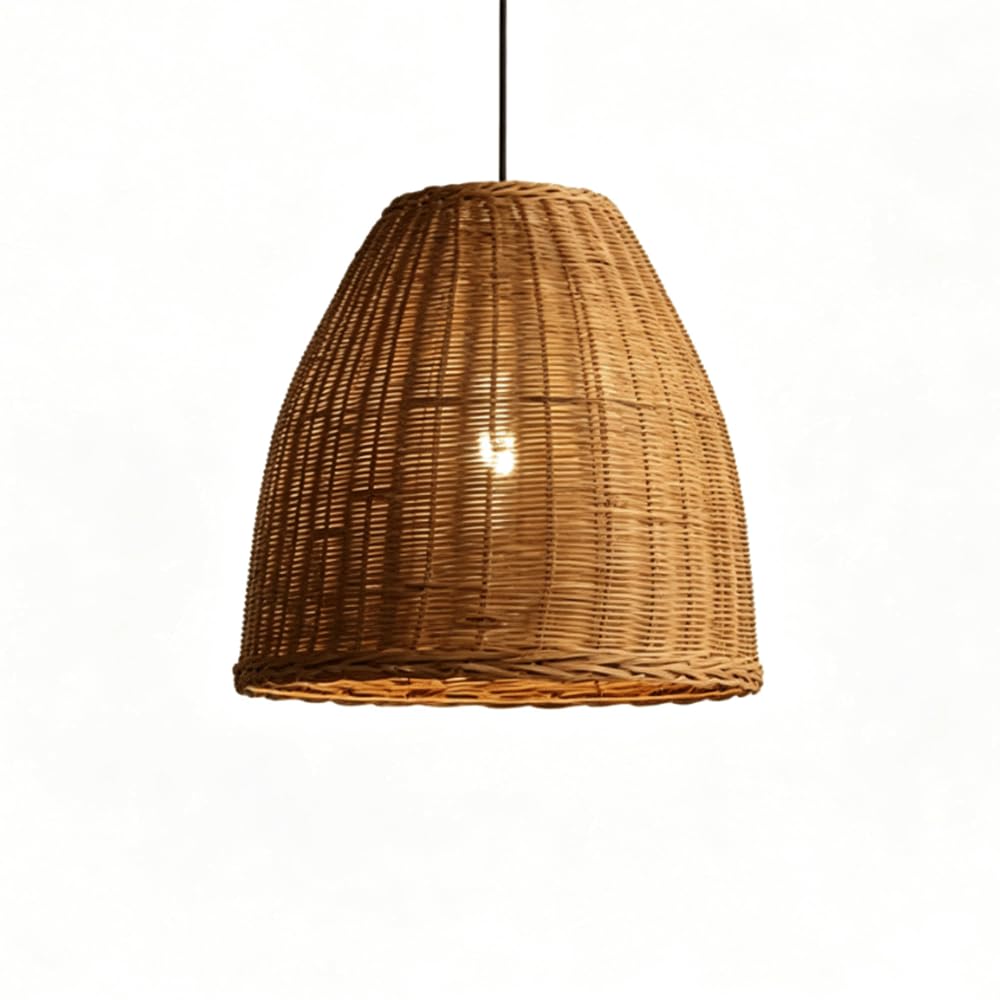 YNAHZAOK Japanese Wabi Sabi Handcrafted Rattan Cone Pendant Lamp Boho Woven Wicker Shade Hanging Light Adjustable Wire Ceiling Pendant Light for Tea Room Cottage Interior Commercial Dining Space