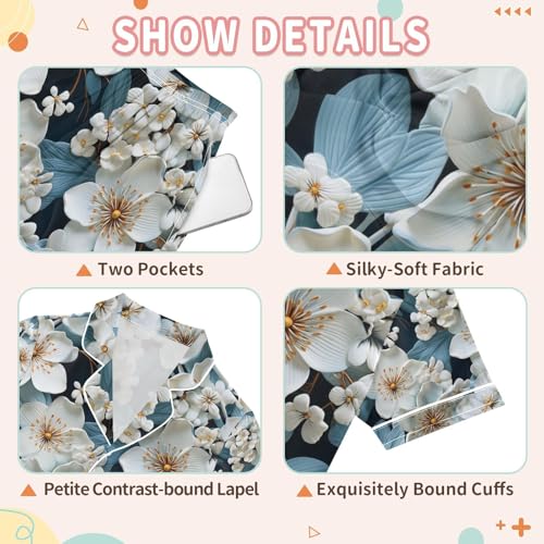 senya Flower White Satin Summer Pajama Sets Silk Short Sleeve Button Down Sleepwear3