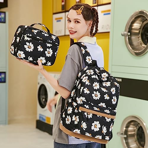 Joyfulife Daisy Printed Girls Backpack with Lunch Box Kids Backpack for School Lightweight Water Resistant Bookbags Set2