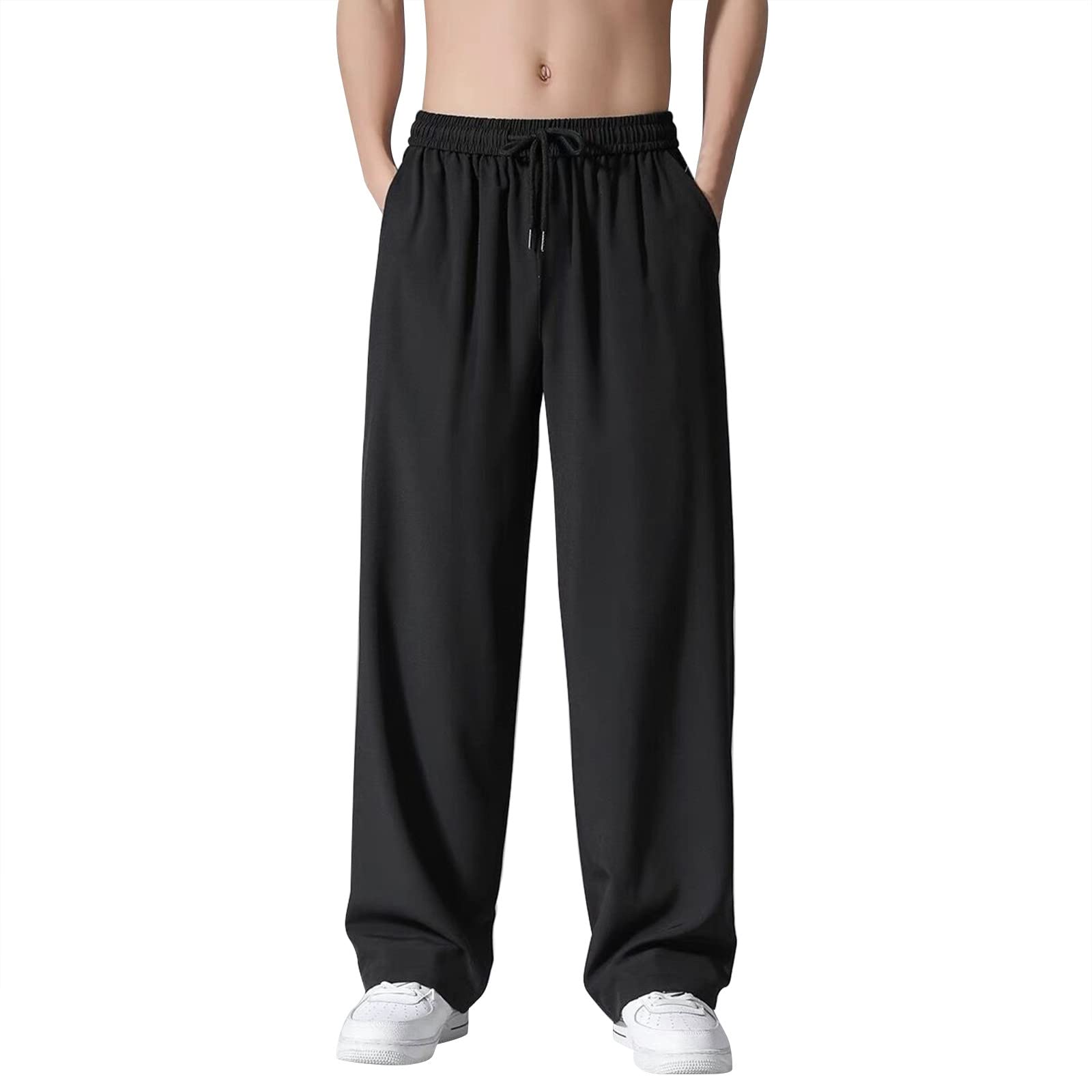 Cotton Cargo Sweatpants for Men Drawstring Casual Loose Fit Joggers Solid Color Straight Athletic Pants for Men