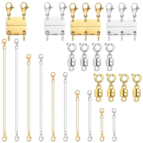 22-Piece Multi Necklace Layering Clasp Set, Necklace Layering Clasp and Chain Extender and Jewelry Clasp Set, Gold and Silver Multiple Styles Necklace Extenders for Layered Look