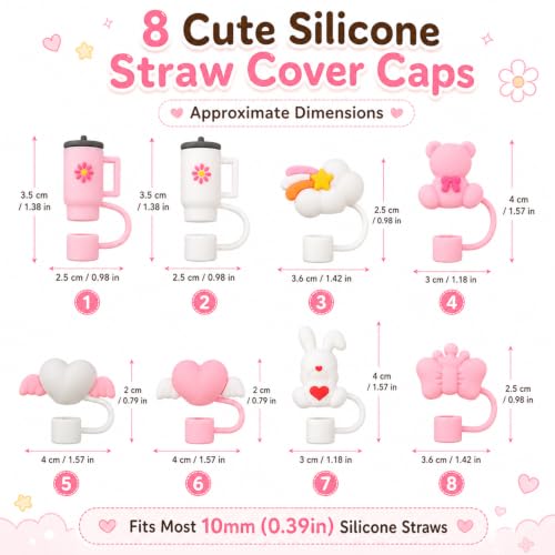 Image of 8 Pcs Straw Cover Caps Compatible with Stanley Tumblers, Reusable Silicone Straw Protectors with Dust-Resistant Covers, Drinking Straw Caps for Compatible Sipper Cups, Pink, Daily Travel & Outdoor Use
