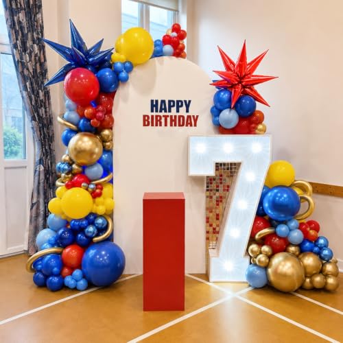 Image of Red Blue Yellow Balloon Arch Kit, 120 Pcs Carnival Circus Balloon Garland Kit, Red Metallic Blue Gold Balloon with Explosion Star Foil Balloons for Kids Birthday Carnival Theme Party Decorations
