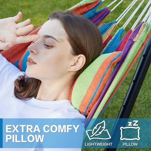 Image of PNAEUT Double Hammocks with Stand for Outside, Portable Space Saving Heavy-Duty Steel Stand for Indoor Outdoor Patio, 450 lbs Capacity (Tropical)