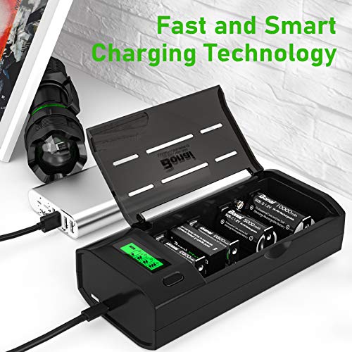 BONAI Akku Ladegerät LCD Universal Batterieladegerät Schnell Akkuladegerät USB Intelligent Battery Charger für AA/AAA/SC/C/D/9V NI-Mh Wiederaufladbare Batterien mit Entladungsfunktion