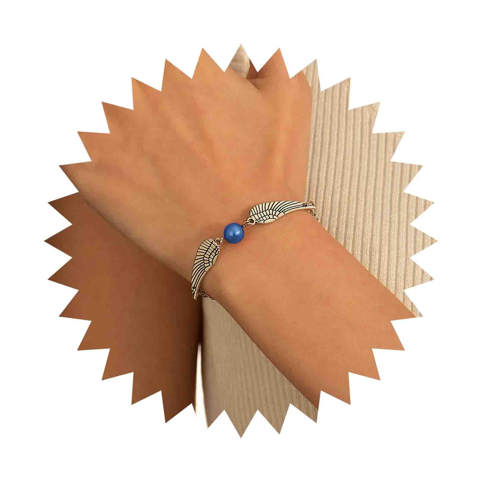 DerviveaBoho Angel Wing Bracelet Retro Silver Wings Bracelet Chain Sterling Feather Hand Chain Bracelet Single Blue Ball Bracelets Jewelry for Women and Girls