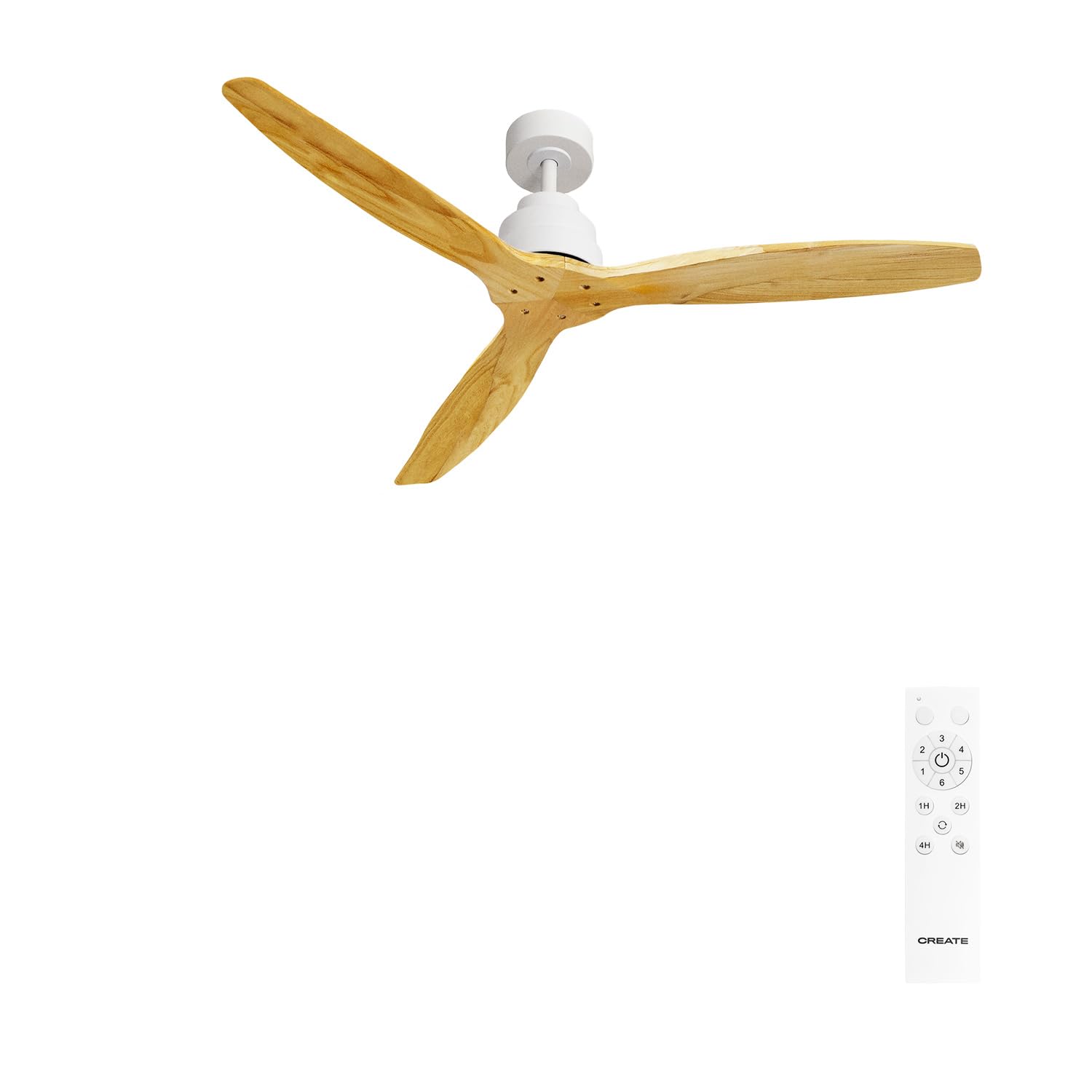 CREATE / WINDSTYLANCE NATURAL WOOD/Ventilateur de plafond avec télécommande, blanc pales en bois naturel / 40W, Silencieux, Ø132 cm, 6 vitesses, minuterie, été-hiver, double hauteur