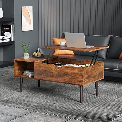 Sweetcrispy Wood Coffee Table Lift Top Coffee Tables for Living Room Office, Small Rising Wooden Center Tables with Large Storage Shelf and Hidden Compartment, Brown by Sweetcrispy - Image 3