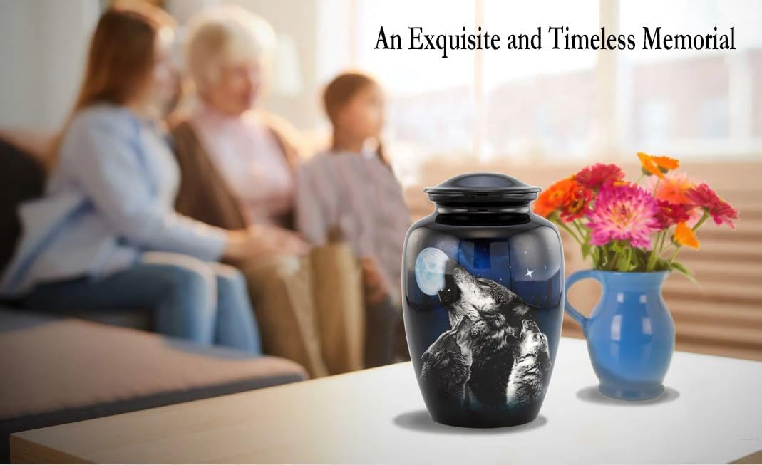 Midnight Wolves Cremation Urn – 3 Wolves Howling at The Moon – Full Size Wolf Urn for Human Ashes up to 210 lbs – Moonlit Wolves Memorial Funeral Urn for Men and Women with Velvet Bag (Large) - Image 4