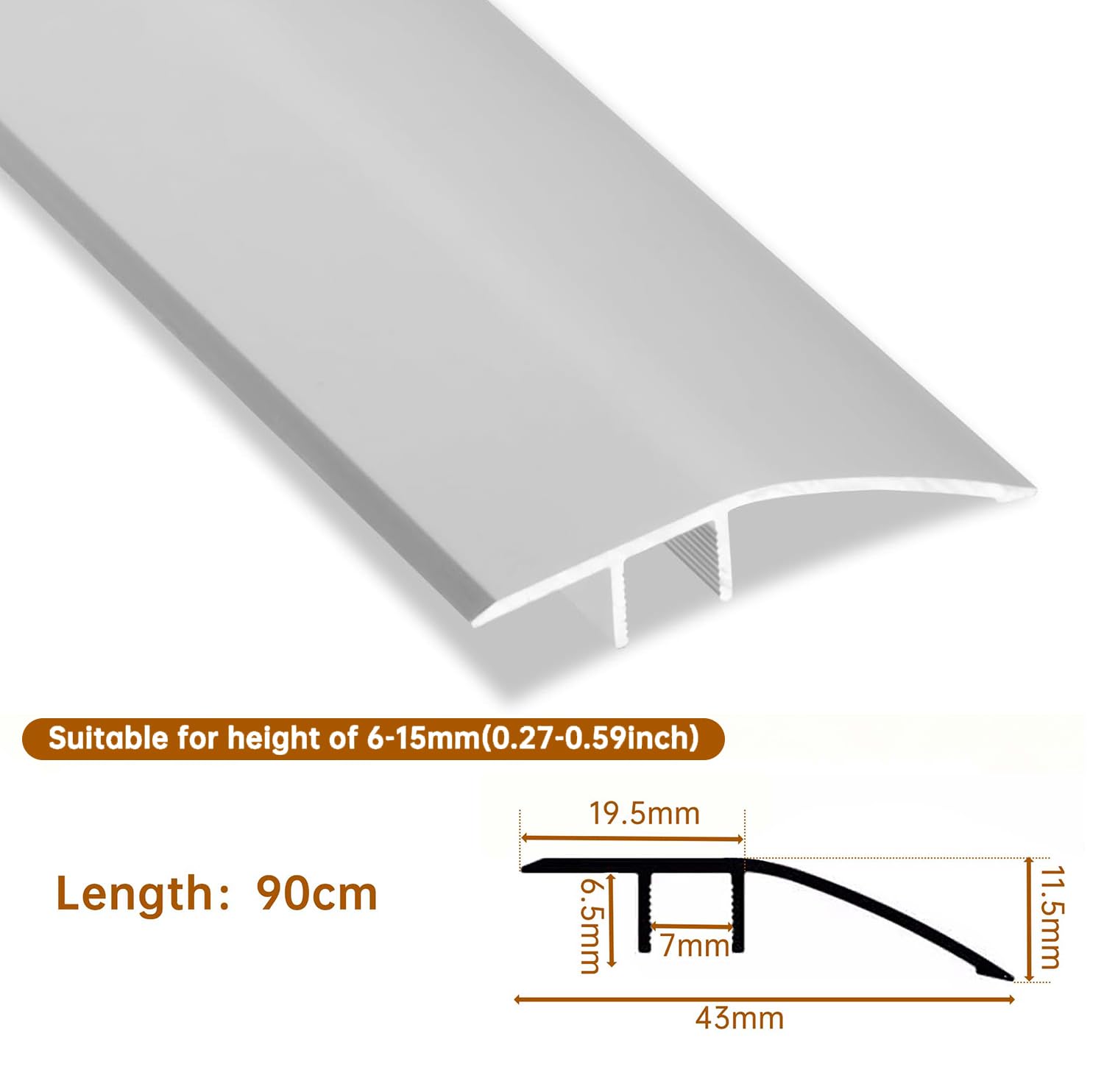 2-Piece Aluminum Floor Transition Strip Door Threshold Bar (0.9m × 4.3cm), Silver - Image 3
