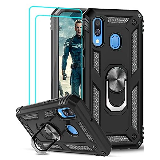 LeYi Galaxy A40 fodral med ringhållare stativ, helkroppsskyddande silikon TPU personlig stötsäker tuff rustning telefonskydd och 2 skärmskydd i härdat glas för Samsung Galaxy A40 svart