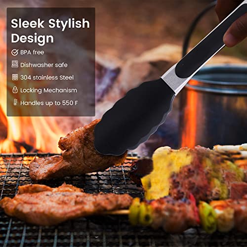 Kitchen Tongs - 9 Inch Kitchen Utensil Cooking Tongs with Padlock System - Easy Grip Food Grade Silicone Tongs for Meat, BBQ, Frying and Serving (9 inch, Black) - Image 5