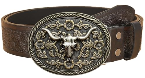 Western Cowboy-Belts for Women Men, Country-Cowigirl-Belt with Longhorn Buckle for Jeans Embossed Floral Leather