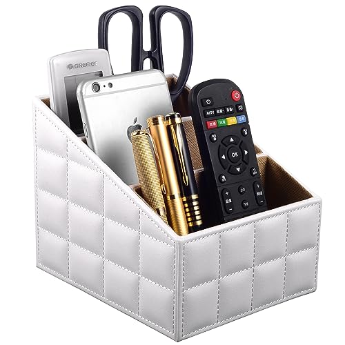 RHCSZ Fashionable PU Leather TV Remote Control Holder with 3 Compartments,Multifunction Desktop Organizer Holder, Media Accessory Storage & Organize Controllers (white)…