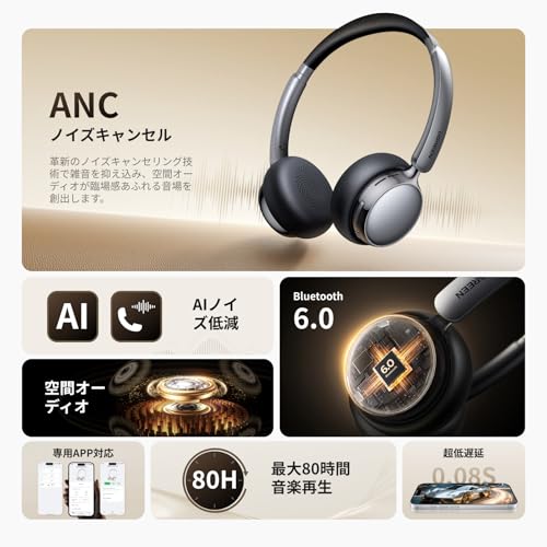 【2025最新！ワイヤレス ヘッドホン】UGREEN Studio Plus Bluetooth6.0 ヘッドホン Bluetooth ANCノイズキャンセリング ワイヤレスヘッドホン 最大80時間音楽再生 30mm PU＋チタンコーティング振動板ユニット搭載 AIノイキャン技術 2台デバイス同時接続 80ms低遅延 135g超軽量 専用アプリ対応 ブラック