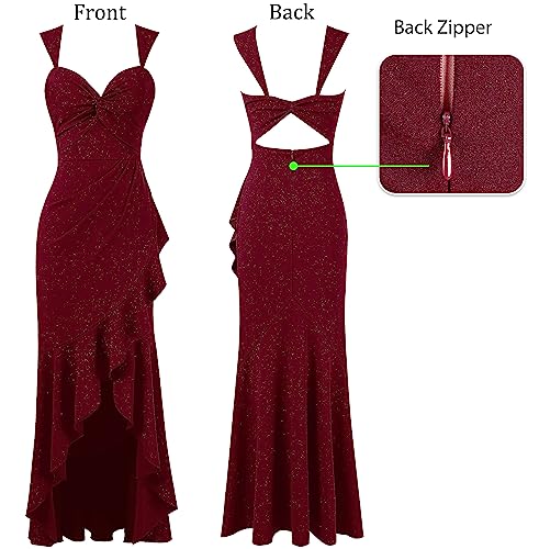 Image of VFSHOW Womens Glitter Sweetheart V Neck Twist Front Backless Ruched Ruffle Slit Formal Evening Gown Maxi Dress
