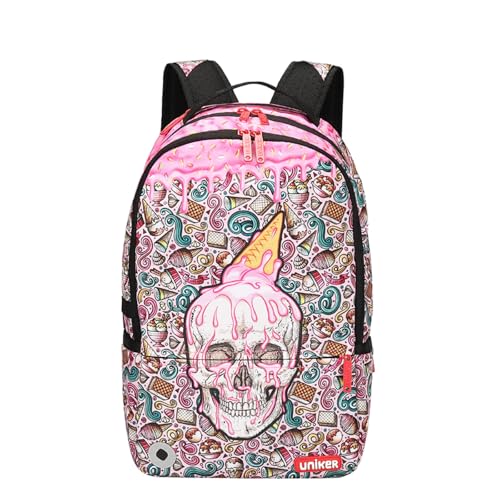 UNIKER Graffiti Backpack,Ice Cream Pattern Schoolbag,Pink School Backpack for Girls,Computer Backpack Fits 15.6 Inch Laptop, Pink