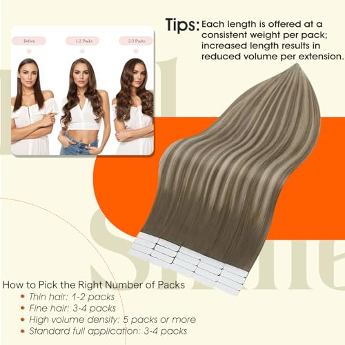 Image of Full Shine Tape in Hair Extensions Human Hair,7 /1000 /7 Cool Brown And Blonde,16Inch 50G 20Pcs,Seamless Human Hair Tape in Extensions for Thin Hair,Remy Human Hair,Add Volume and Fuller Hairstyle