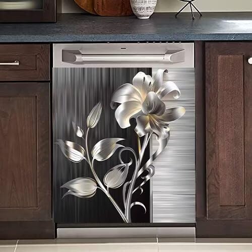 GenericStainless Steel Flower Magnet Dishwasher Cover Kitchen Refrigerator  Front Door Magnet Cover, Silver Stainless Steel Magnetic Refrigerator Panel